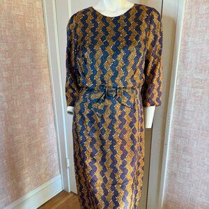Vintage Edith Martin Blue & Gold Geometric Sheath Dress sz M